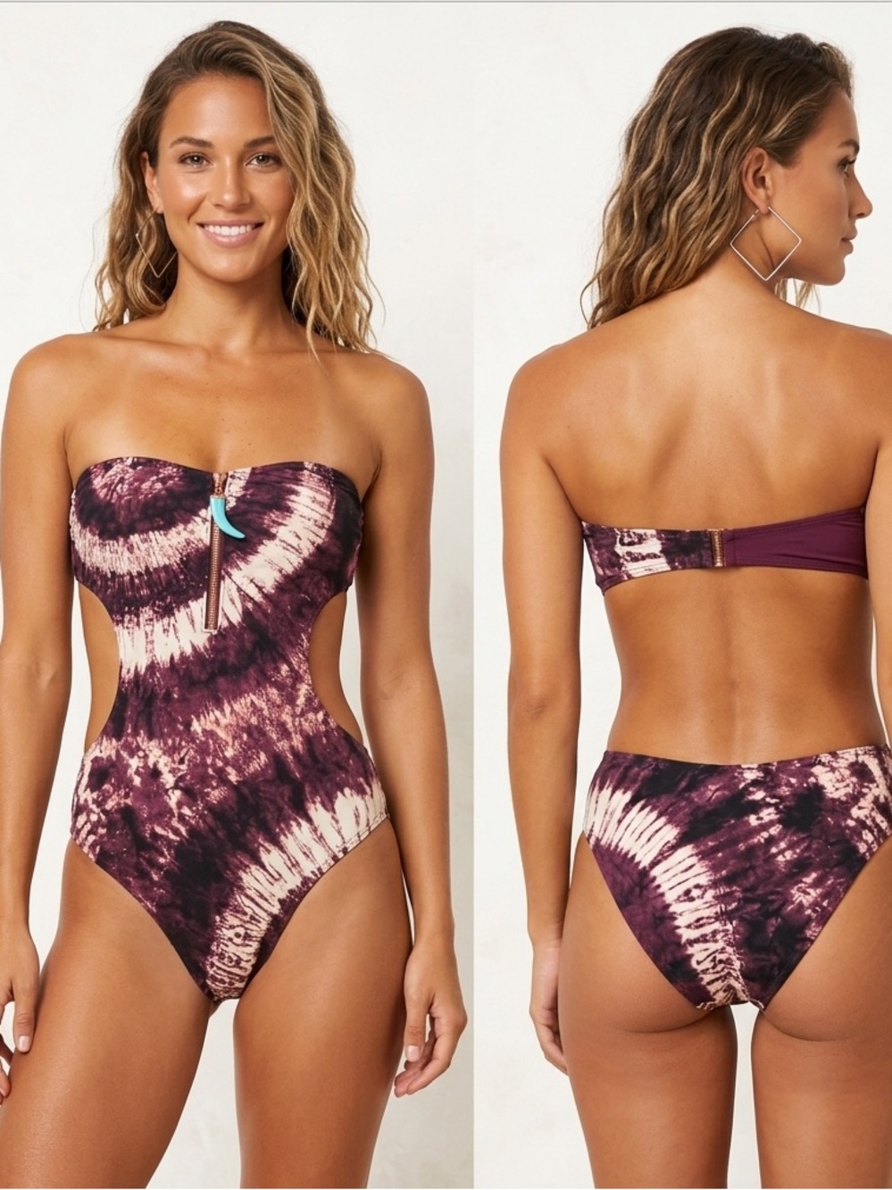 H&M Plum Tie-Dye Cutout Monokini Gold Front Zip One-Piece Swimsuit M